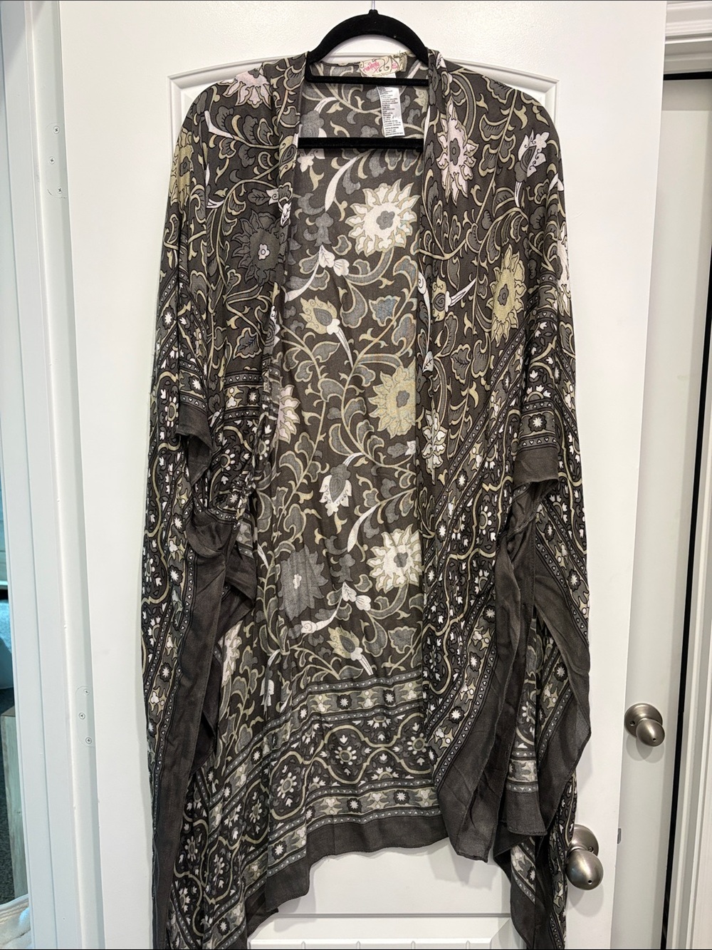 Free People Floral Border Kimono in Charcoal, Cream & Pale Yellow